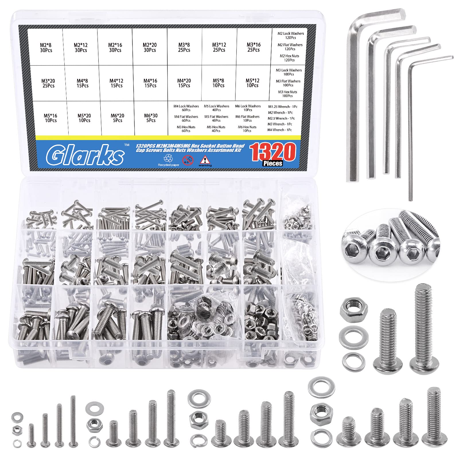 GLARKS 1325Pcs M2-M6 Stainless Steel Button Hex Socket Cap Screws, Nuts, Washers Assortment Kit