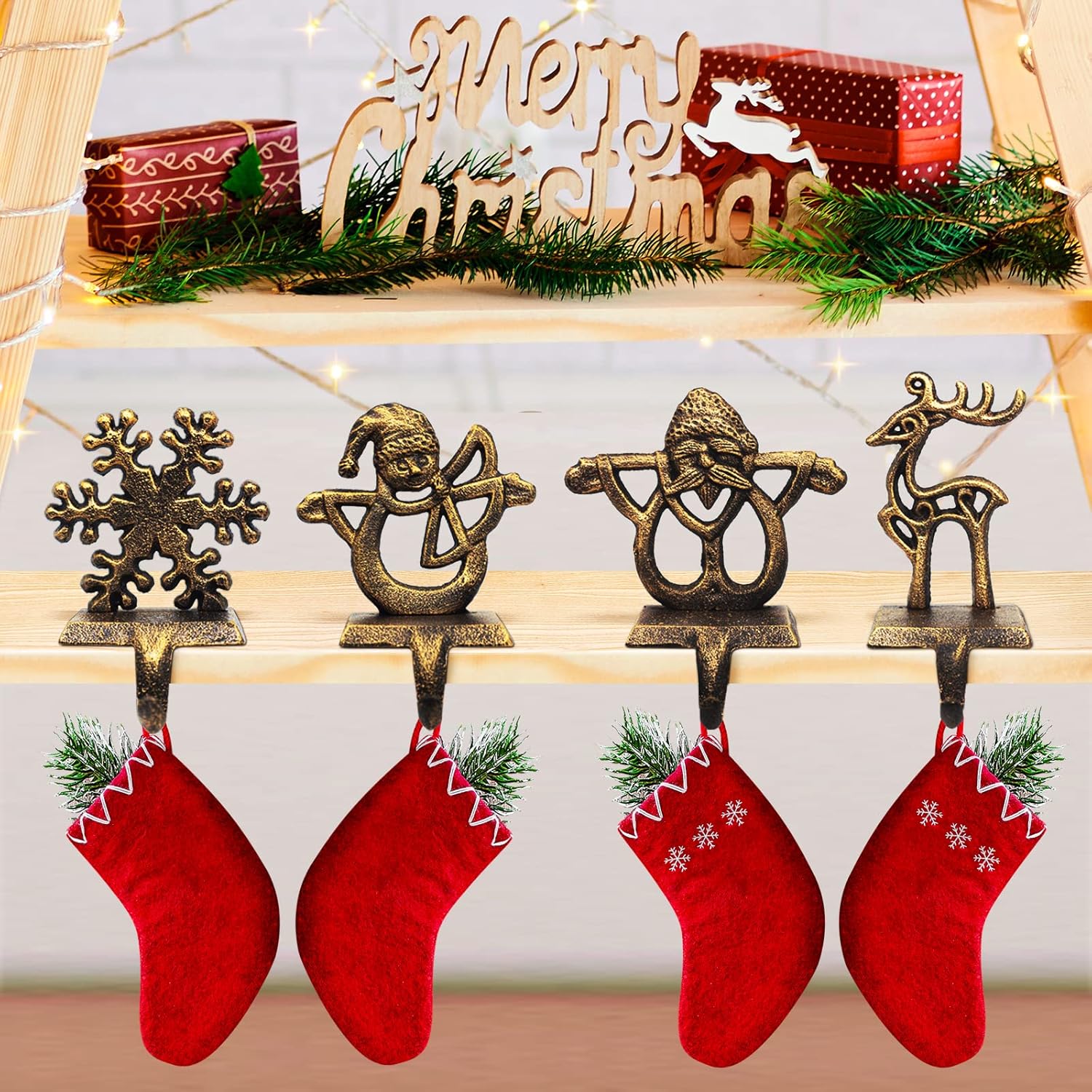 Stockings & Holders - PPNZQAUT Retro Christmas Stocking Holders 4-Pack Indoor Christmas Stocking Hangers for Mantel Fireplace Christmas Decorations Stocking Hangers Reindeer Santa Snowman Snowflake Metal Stocking Hooks