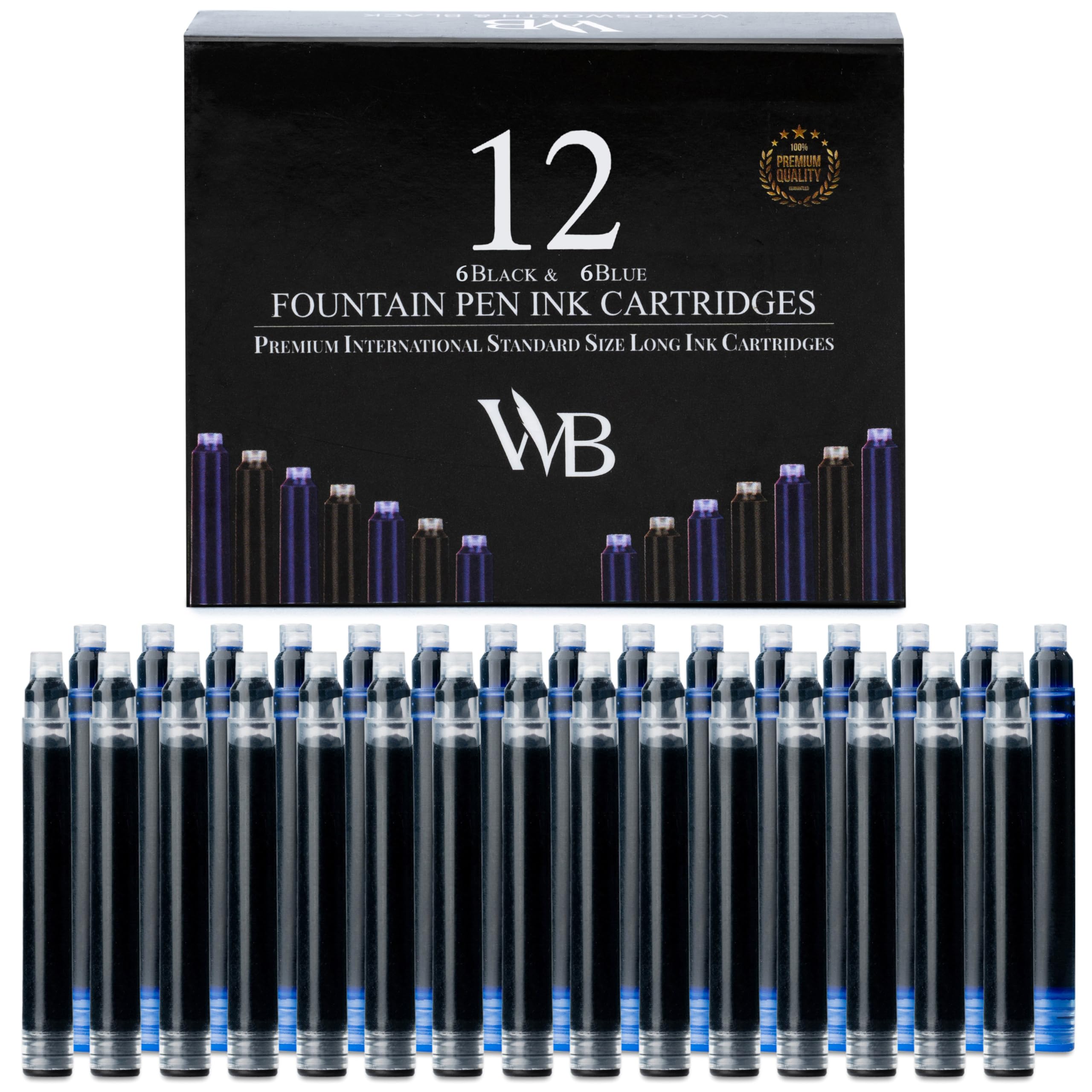 Wordsworth & Black 12 Pack Fountain Pen Ink Refills - Set of 6 Black - 6 Blue Ink Cartridges - International Standard Size - Length APPR 2.3" - Base Diameter APPR 0.24" - Disposable and Generic