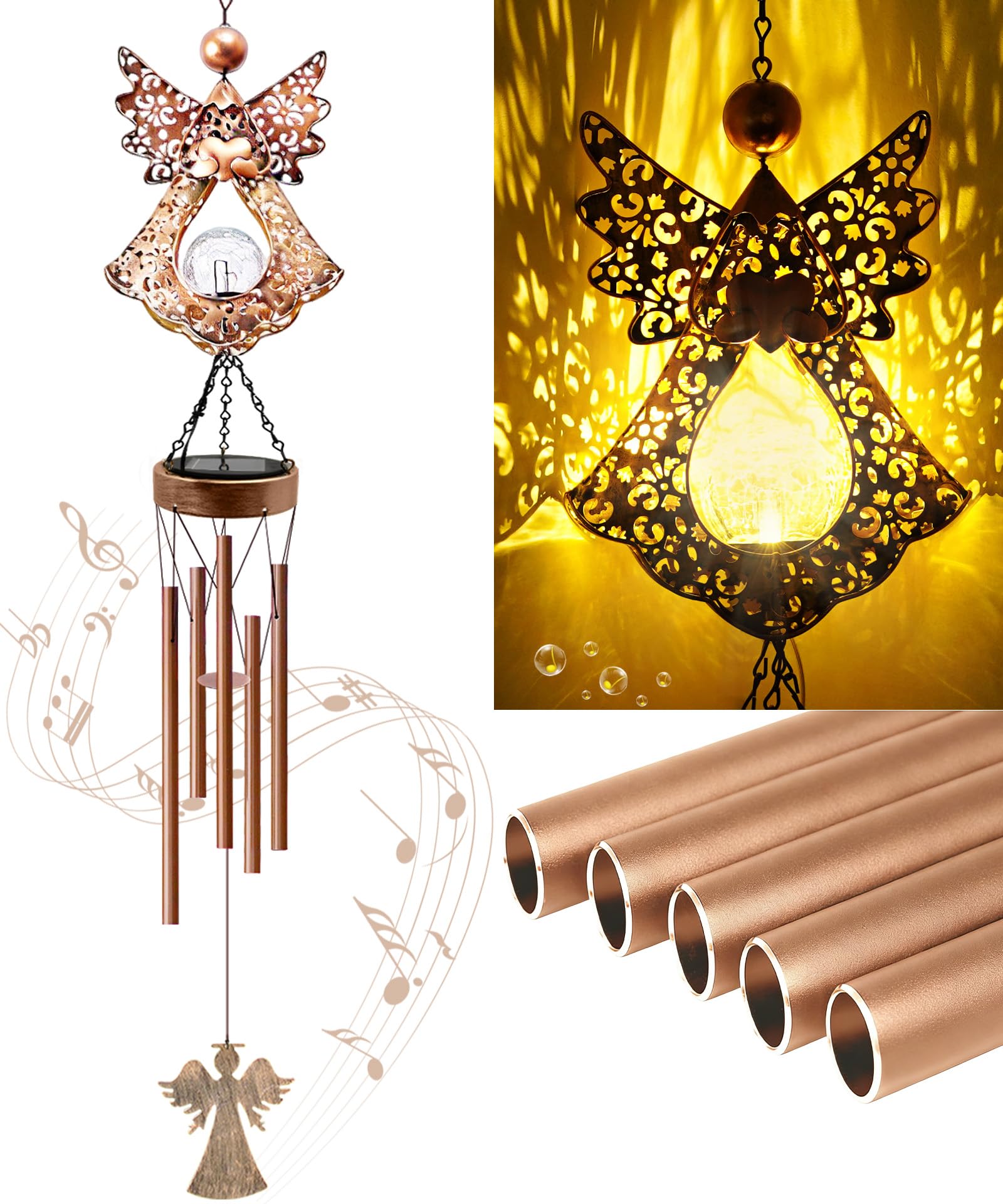 Yeomoo Solar Angel Wind Chimes Outside, Indoor/Outdoor Metal Hanging Decor with Solar Ball for Garden Yard Patio, Unique Gifts for Women Mum Copper
