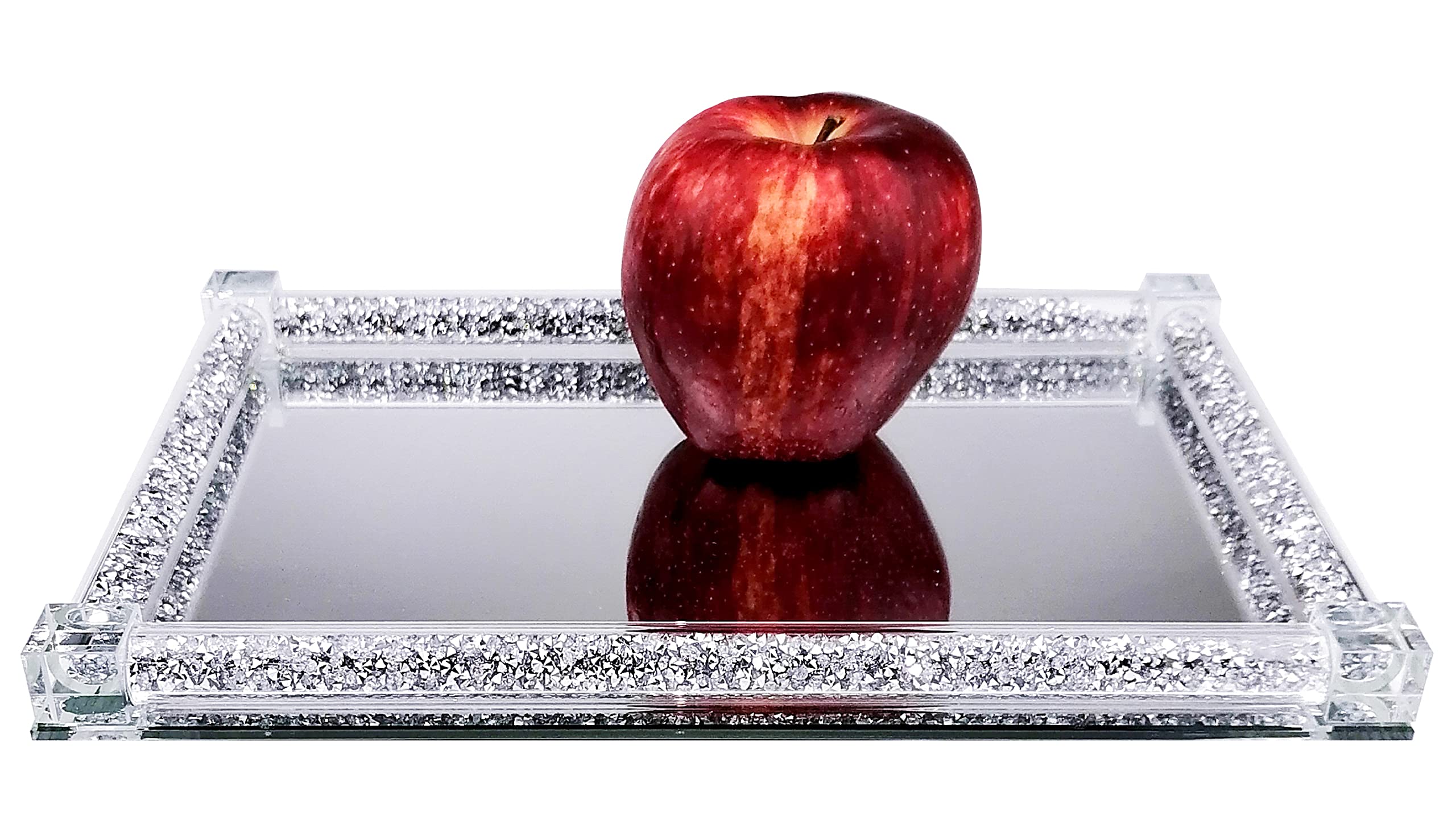 BANQLE Mirrored Crystal Vanity Tray, Silver Jewelry and Makeup Tray, Dresser Bathroom, Silver