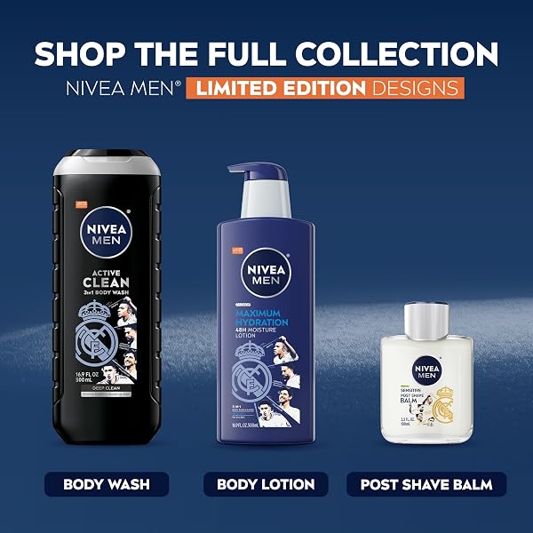 NIVEA MEN REAL MADRID LIMITED EDITION DESIGN MAXIMUM HYDRATION 48-HOUR MOISTURE BODY LOTION FOR DRY SKIN, ALOE VERA LOTION FOR MEN, 3-IN-1 BODY, FACE AND HANDS, 16.9 FL OZ BOTTLE