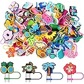 Ovveroche 50 Pcs Hawaii Tropical Summer Silicone Straw Cover Caps Compatible with Stanley Cup Cute Reusable Straw Toppers for Cups 30&40 Oz Tumbler Accessories 10mm