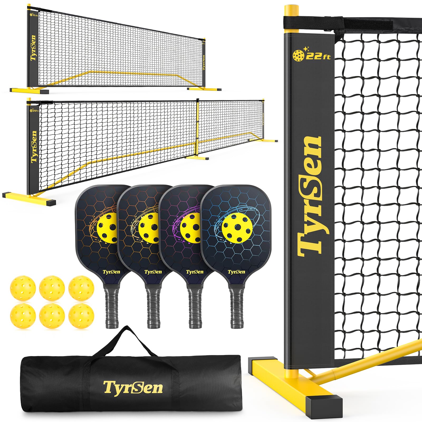 Photo 1 of ***DAMAGED AND MISSING PARTS*** TYRSEN Pickleball Set with Net, 22 FT & Half Court 11 FT Pickleball Net, 4 Fiberglass Rackets, Portable Pickleball Set, Pickle Ball Net System with Carrying Bag for Court, Driveway, Backyards