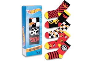 Hot Wheels Boys Calf Socks Set of 5 | Red, Black & Yellow Striped, Checkered Designs | Flames & Checkerboard Patterns