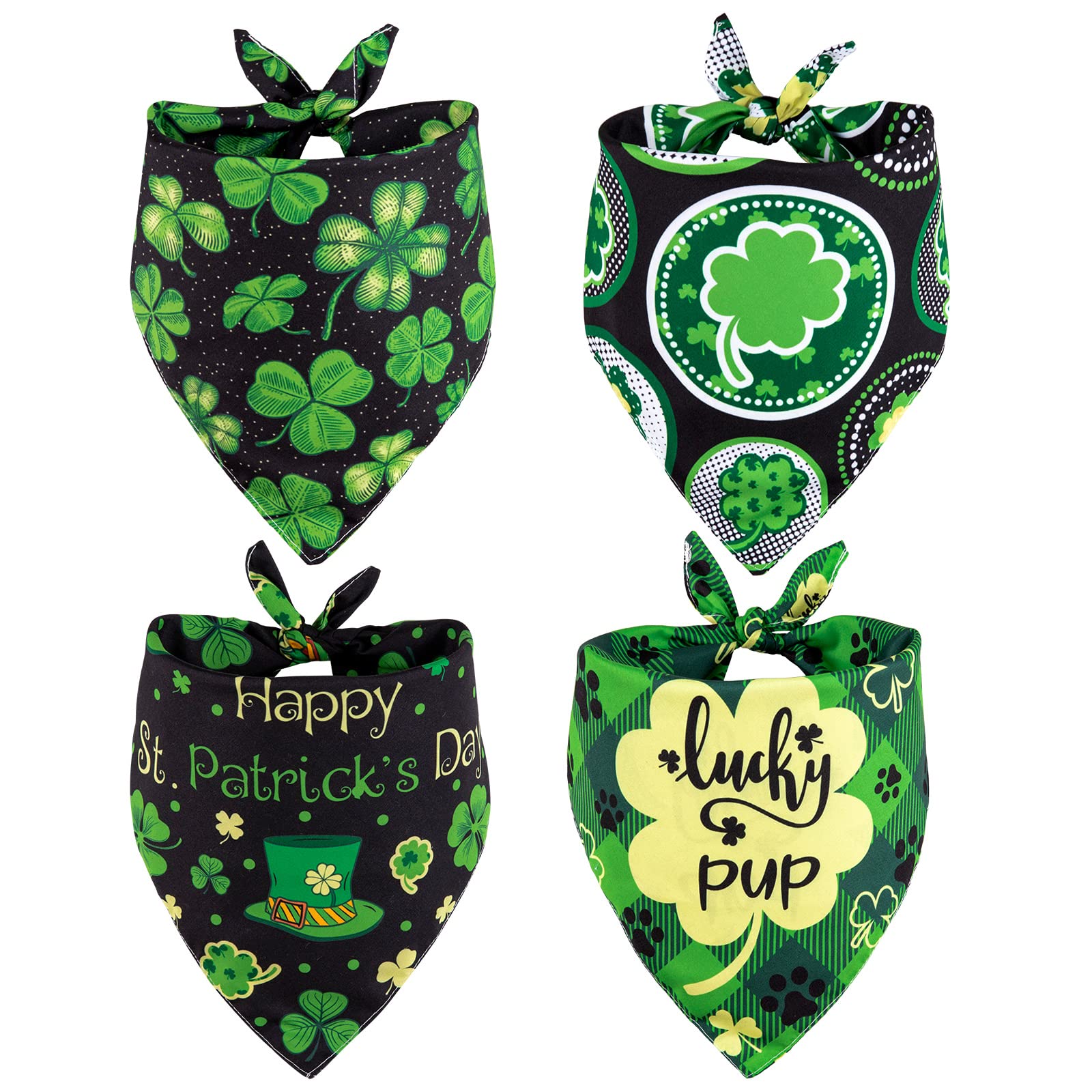 Whaline 4 Pack Green Bandanas, Clover Triangle Bibs Scarf Shamrock Adjustable Neckerchief for Facial Neck and Headbands