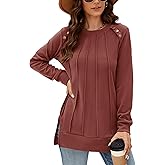 Odosalii Womens Long Sleeve Tops Crewneck Sweatshirts Pleated Front Sweaters Plain Shirts Trendy Side Split Fall Outfits