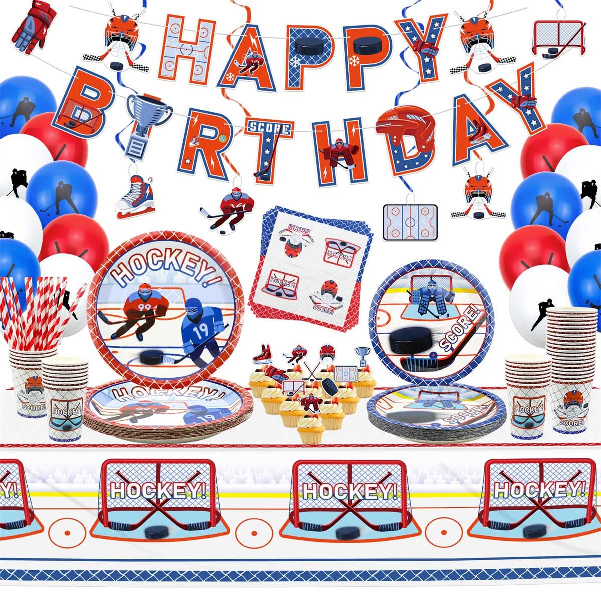 Hegbolke Hockey Party Supplies - Ice Hockey Birthday Party Set Including Plates, Cups, Napkins, Tablecloth, Hanging Swirl, Balloons, Banner for Kid's Hockey Fans Birthday Gameday - Serves 20
