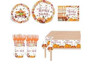 HUKALW Thanksgiving Party Plates Supplies, Thanksgiving Party Tableware Decorations Disposable Tableware Paper Plates and Napkins Banners Plastic tablecloths Cutlery Serves 24