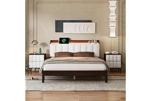 FurGenius 3-Pieces Bedroom Sets, Queen Size Platform Bed with Storage Upholstered Headboard and Two Nightstands, Solid Wood Bedframe w/USB Charging Station & LED Light for Adult Teens, Walnut+Beige