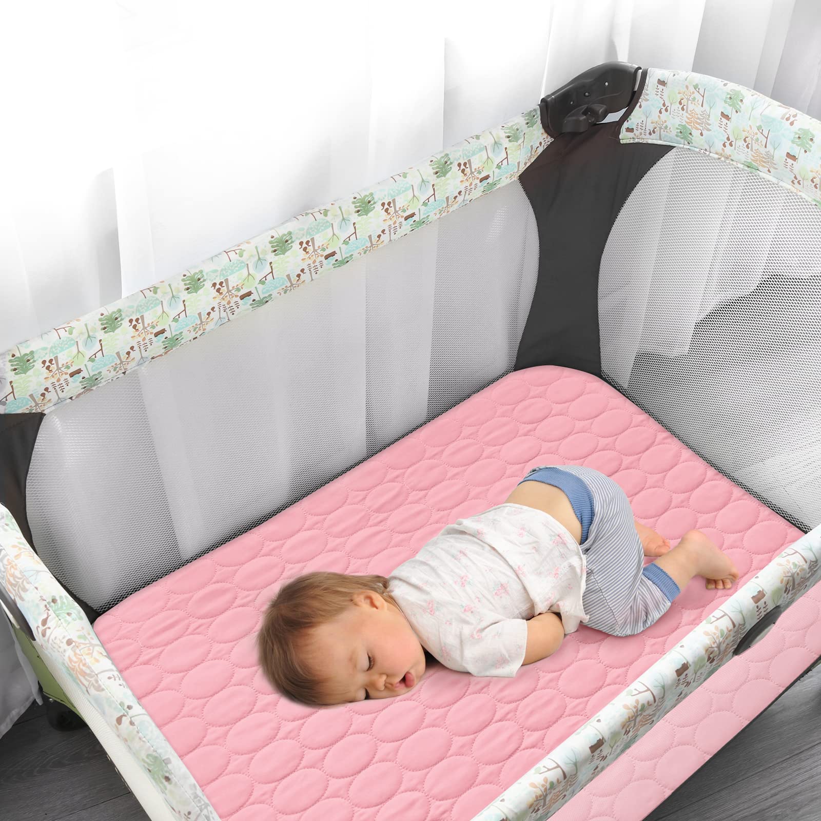 Pack and Play Protector Sheets Waterproof 2 Pack, Quilted Playard Mattress Pad Cover Fitted Fits for Graco Pack n Play Playard Mattress/Playpen Mattress, Gray & Pink, 39