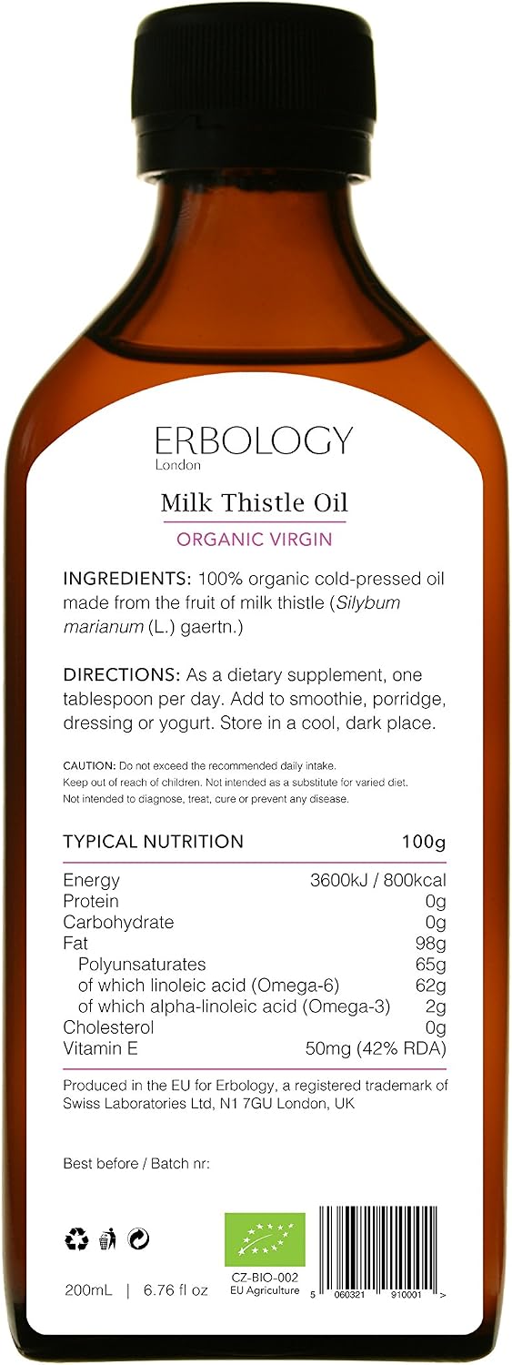 Erbology Organic Milk Thistle Oil 250ml, Cold-Pressed, High in Vitamin E (420% RI), Detoxifying, Straight from Farm, GMO-Free - Image 3