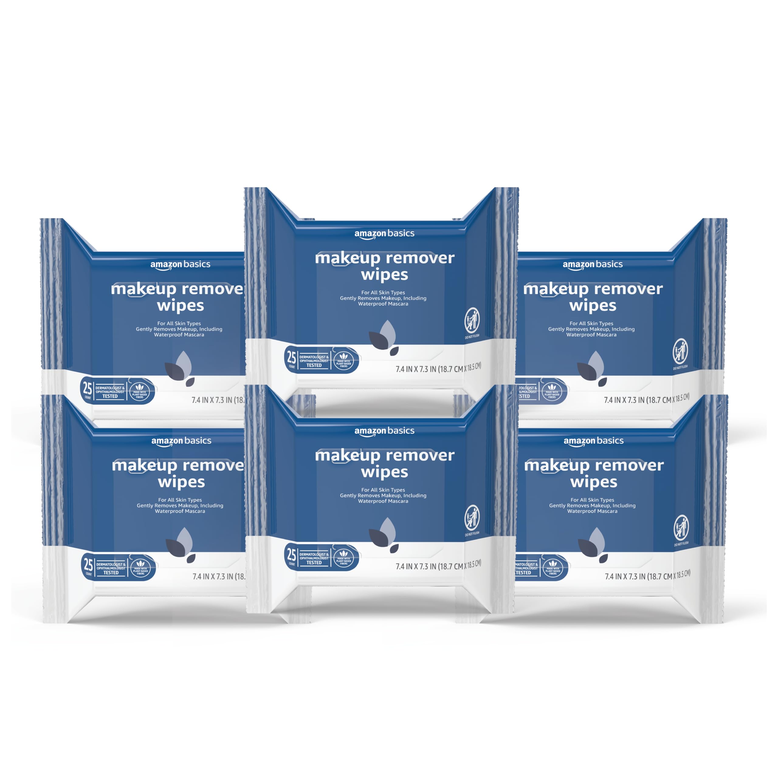 Amazon Basics Makeup Remover Wipes, Gentle Cleansing, Dermatologist Tested, Original, Alcohol-Free, Removes Waterproof Mascara, pH Balanced, 25 Count, 6-Pack