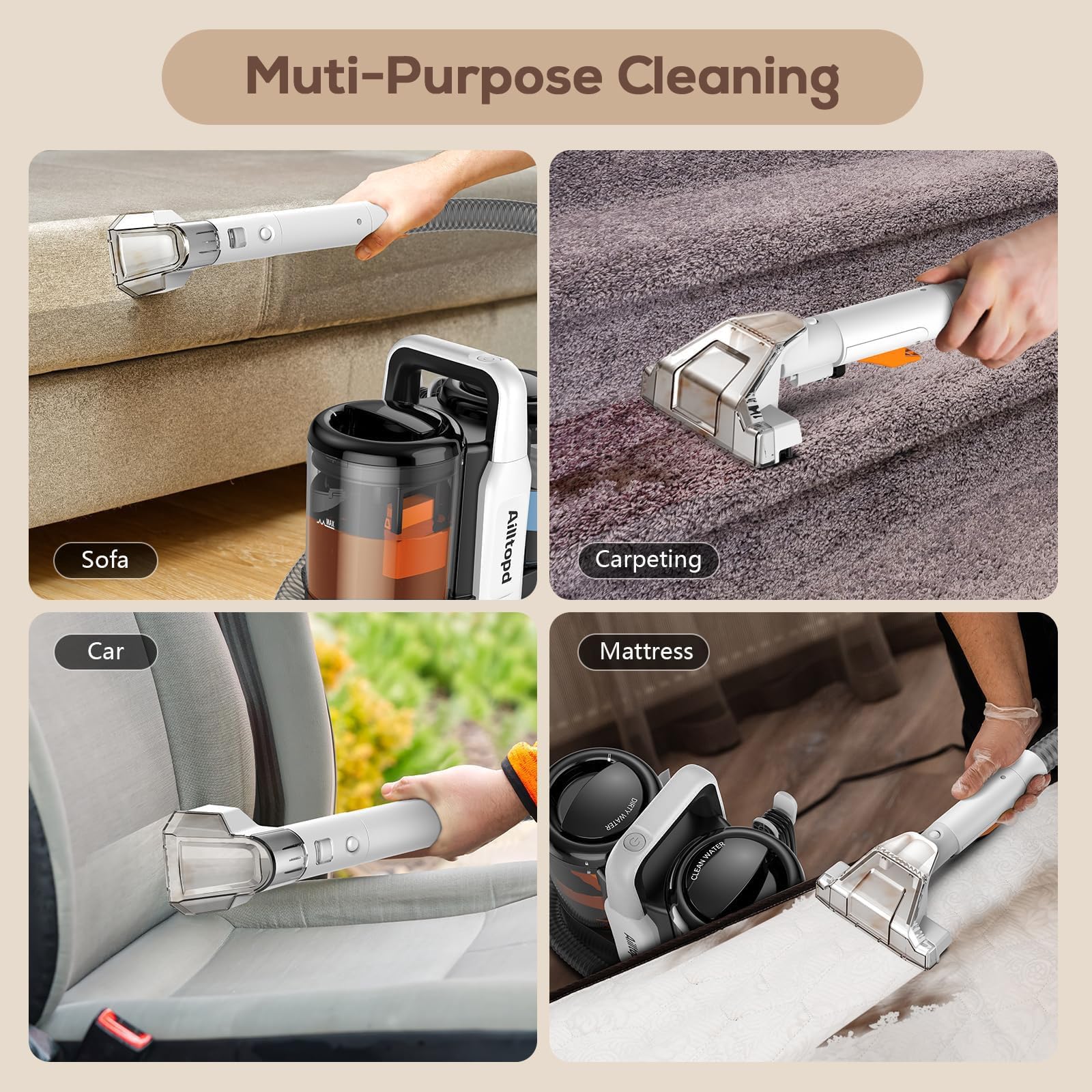 Portable Carpet & Upholstery Spot Cleaner, 15Kpa Powerful Suction & Spot Remover, Deep Stain Cleaning for Carpet, Car Seats, Pets, Stairs, Couches, with Dual Size BrushHead