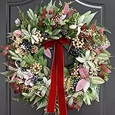 24 Inch Pre-Lit Christmas Wreath for Front Door，Christmas Door Wreath with LED Lights, Velvet Bow, Gold Balls and Berries, Lighted Christmas Wreath Winter Decorative for Window Hall Outdoor
