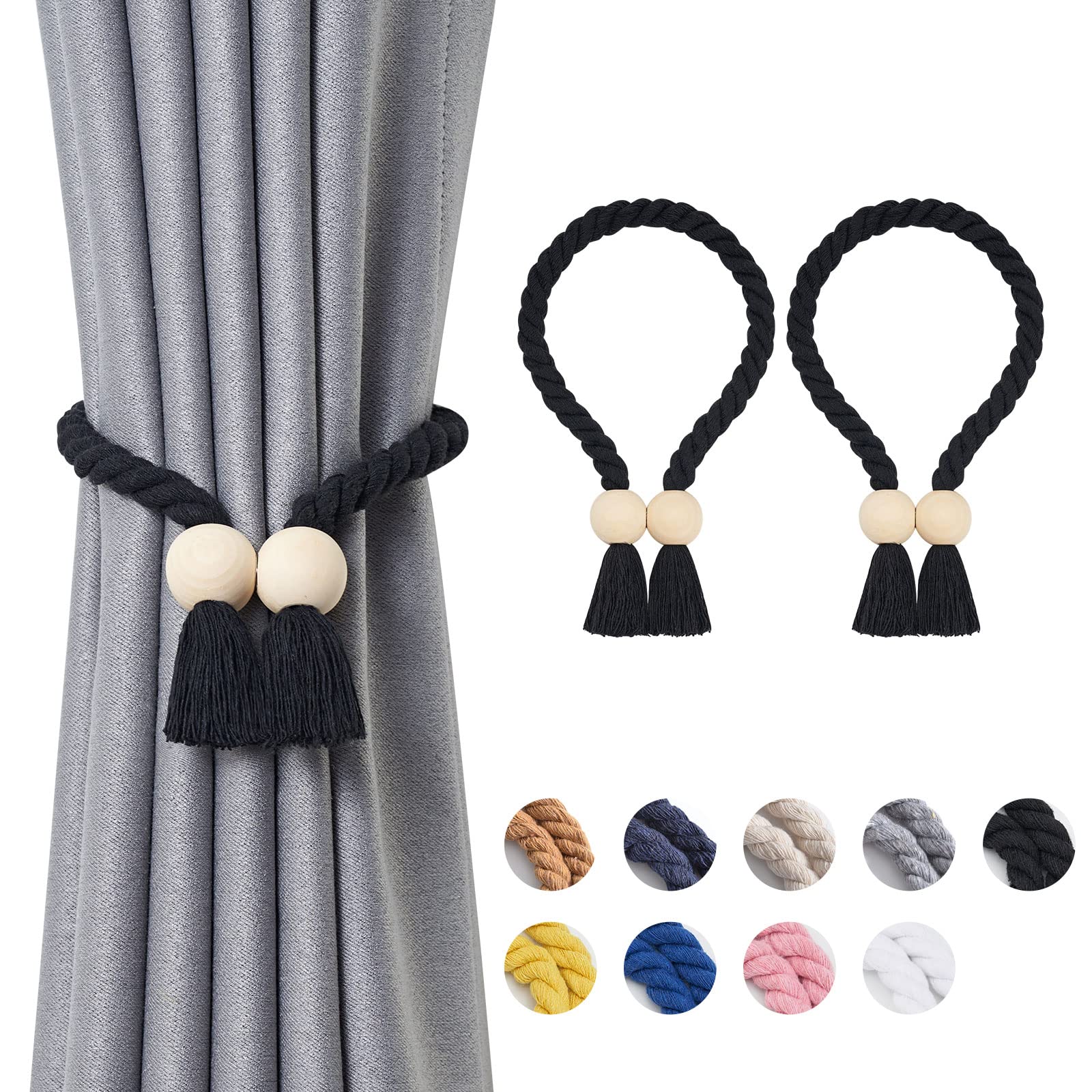 Pretty Jolly 2 Pack Wooden Ball Magnetic Curtain Tiebacks Boho Home Decor Drape Tie Backs Natural Cotton Hand Woven Rope Curtain Holdbacks for Thin & Thick Home & Office Window Draperies (Black)