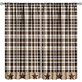 Fblifil Country Checked Stars Curtain，Burgundy Brown Black Farmhouse Star Artistic Design Printed Rod Pocket Window Drapes for Bedroom Living Room 42" W X 45" L