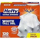 Hefty Garbage Bags, Ultra Strong Tall 50 Litres White, Drawstring, Arm & Hammer odour neutralizer, 120 Bags, Fits simplehuman