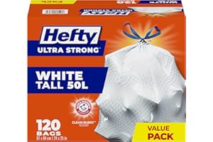 Hefty Garbage Bags, Ultra Strong Tall 50 Litres White, Drawstring, Arm & Hammer odour neutralizer, 120 Bags, Fits simplehuman
