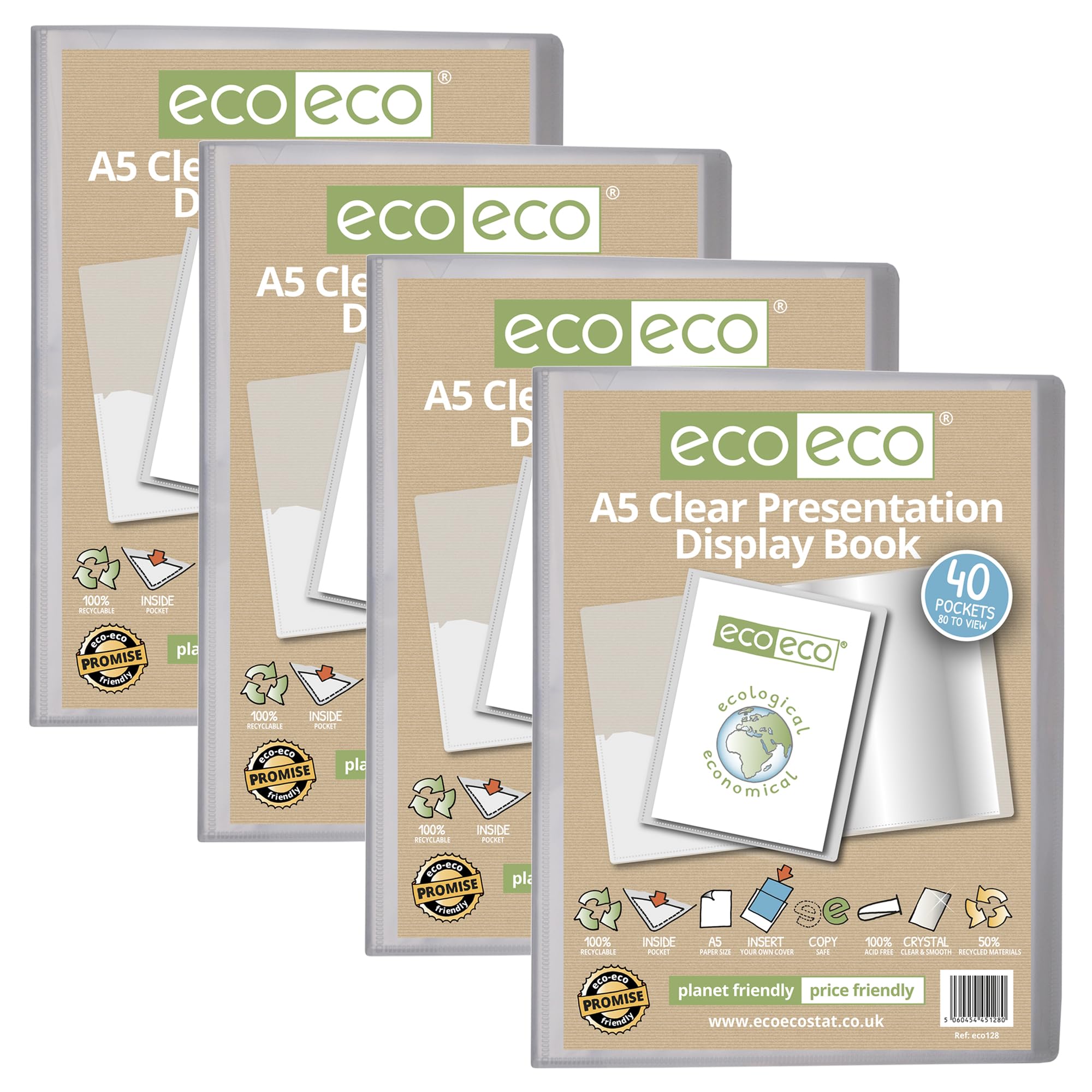 eco-eco A5 Size 50 Percent Recycled 40 Pocket Clear Presentation Display Book, Storage Case Portfolio Art Folder with Plastic Sleeves, Pack of 4, eco128x4