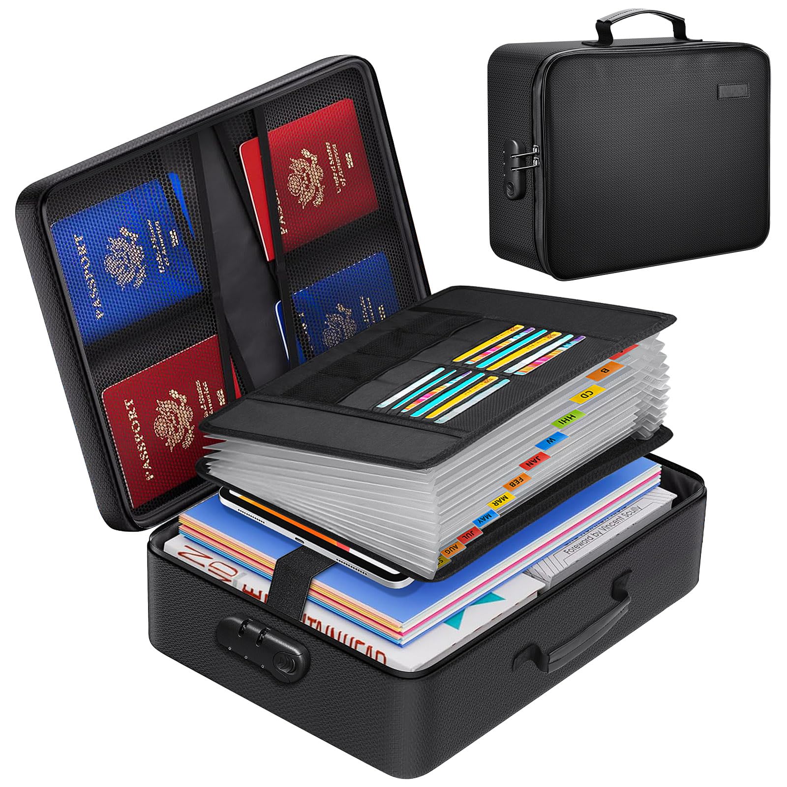 Vanulee 5300℉ Fireproof Document Box, Waterproof Fire Proof Document Bag with 13 Pockets Accordion Folder, Portable File Organiser A4 Paper Storage Safe Box with Handle and Lock, Black