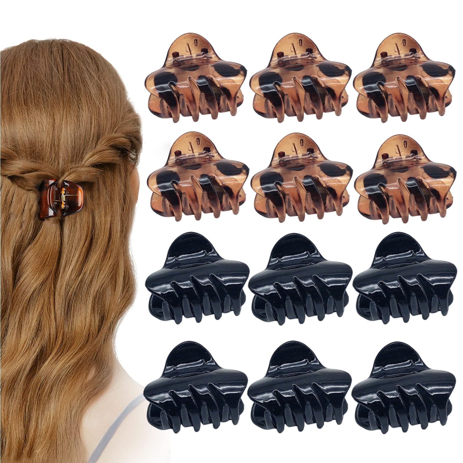 BH-MISSTARS Pack of 12 Small Hair Clips, 3 cm x 1.5 cm, Women's & Girls' Classic Non-Slip Plastic & Metal Hair Clips, Black + Brown Leopard
