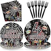 Greencian 96 Pcs Spider 4th Birthday Party Supplies Black Spider 4th Birthday Plates Disposable Cartoon Super Theme Hero Paper Tableware Set for Boys Kids Spider 4 Year Old Party Decorations Serves 24