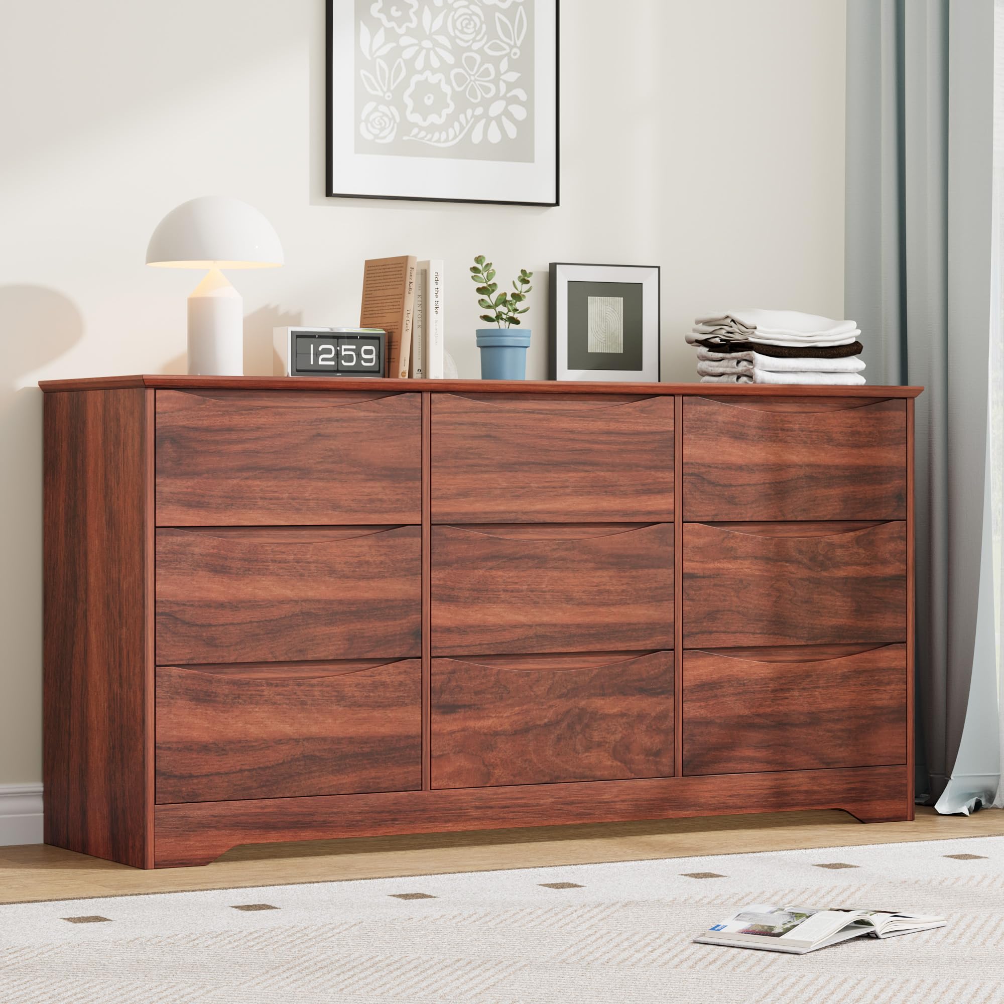 Photo 1 of **AS IS, FINAL SALE** GarveeHome Wooden Dresser with 9 Drawers, Tall Modern Closet with Deep Storage, Large Chest of Drawers with Wide Top, Long Storage Dresser for Bedroom, Living Room, Hallway, Kids Room, Red Walnut