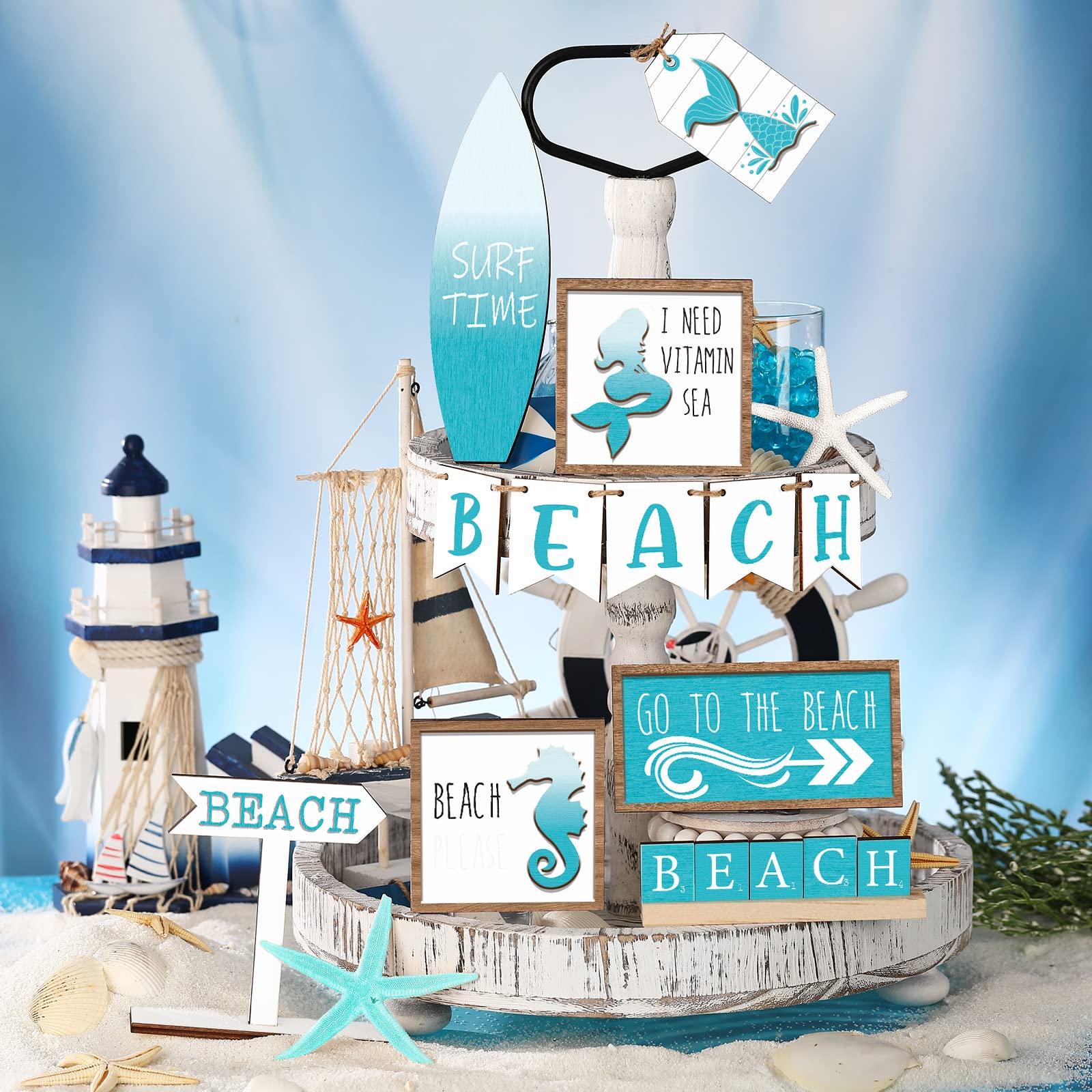 Photo 1 of FairySandy 14 Pcs Summer Beach Tiered Tray Decor Set Farmhouse Wooden Beach Starfish Table Decor Blue Rustic Tabletop Sign Coastal Centerpieces for Summer Home Kitchen Table Hawaii Party Holiday