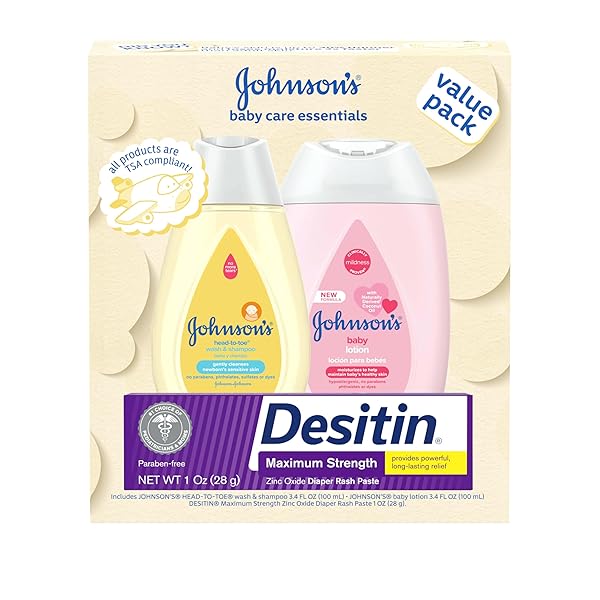 JOHNSON’S BABY CARE ESSENTIALS GIFT SET, BODY LOTION, & ZINC OXIDE DIAPER RASH PASTE FOR BABY’S DELICATE SKIN, VALUE PACK, TRAVEL-SIZE, BATH ESSENTIALS MUST HAVES, BABY GIFTS, 3 ITEMS