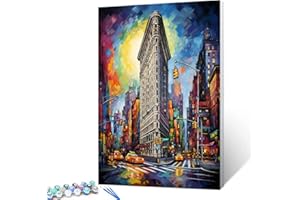 TUMOVO Flatiron Building Paint by Number Graffitic America Cityscape DIY Acrylic Painting Kit for Kids Adults Beginner Busy Street DIY Oil Canvas Painting Craft 16x20 Inch Home Decor Gift (Without Frame)