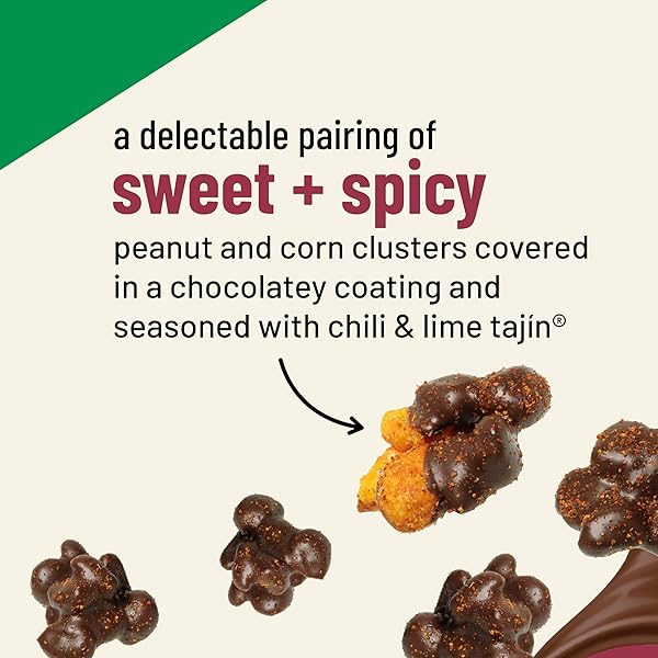 SNAK CLUB TAJIN CHOCOLATEY PEANUT AND CORN CLUSTERS, CHOCOLATE COVERED DRY ROASTED NUTS AND TOASTED CORN NUGGETS WITH CHILI AND LIME SEASONING, MILD, 8 OZ RESEALABLE BAG