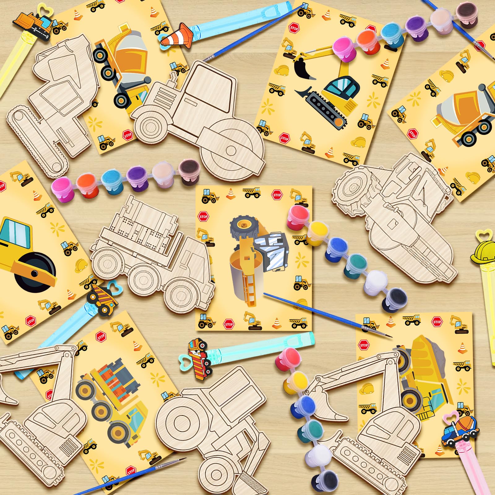 Photo 1 of 12 Set Construction Party Favors Construction Truck Engineering vehicle Bubbles & Paint Crafts - Construction Wood Painting Craft Kits Stuffers Class Activities Prizes