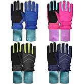 Yaomiao 4 Pairs Kids Winter Long Gloves Waterproof Children Long Cuff Snow Mittens Windproof Ski Gloves for Outdoor