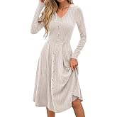 Lazysmile Long Sleeve Fall Winter Dresses for Women V Neck Button Down A Line Swing Casual Knit Sweater Dress
