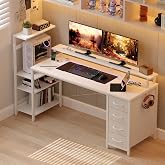 59 Inch Gaming Desk with Drawers &amp; PC Tower Stand &amp; LED Lights, White | Reversible, Monitor Shelf, Power Outlets, Carbon Fiber, Mesa Gamer, Computer Desk with Storage, Gaming Table for Home Office