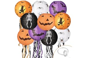 YORR 10pack Halloween papper lanterns,Black orange purple Paper Lantern with Hooks and String,Round Paper Lantern for Decor Halloween Indoor Outdoor Party（10 inch） (5*lanterns 5*fringe lanterns)