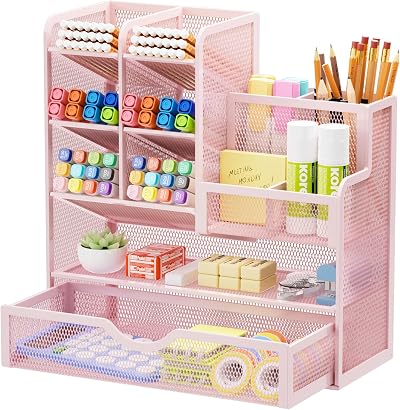 Marbrasse Pink Mesh Desk Organiser Multifunctional Pen Holder 26x23x10 cm