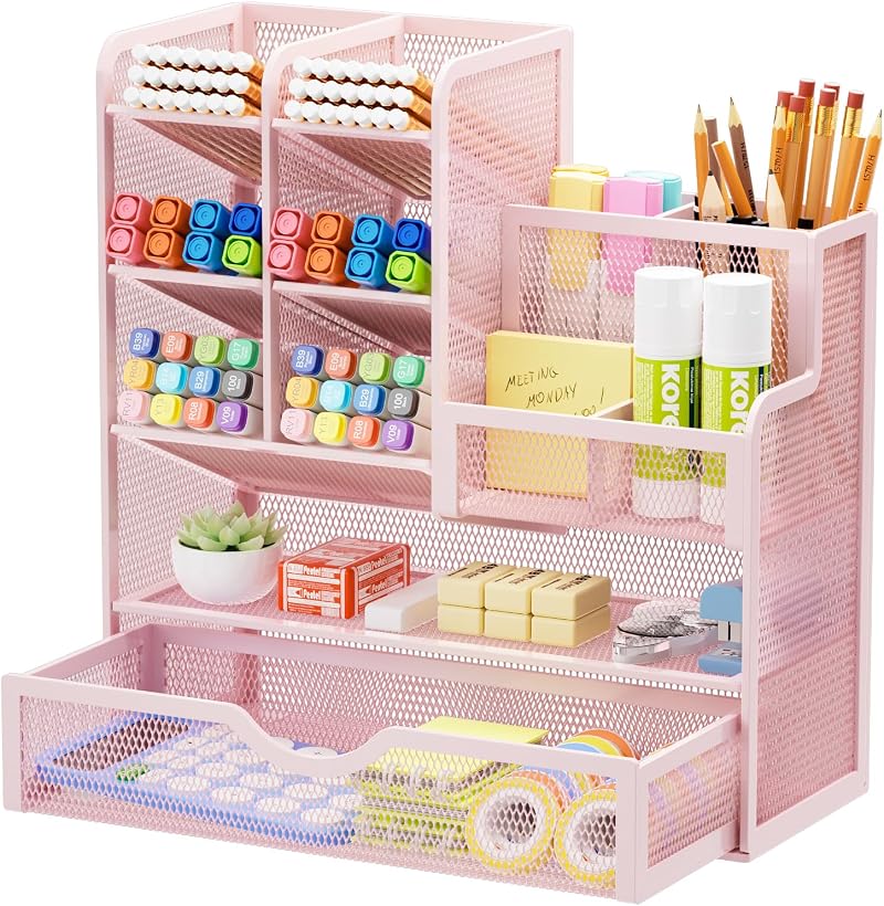 Marbrasse Pink Mesh Desk Organiser Multifunctional Pen Holder 26x23x10 cm