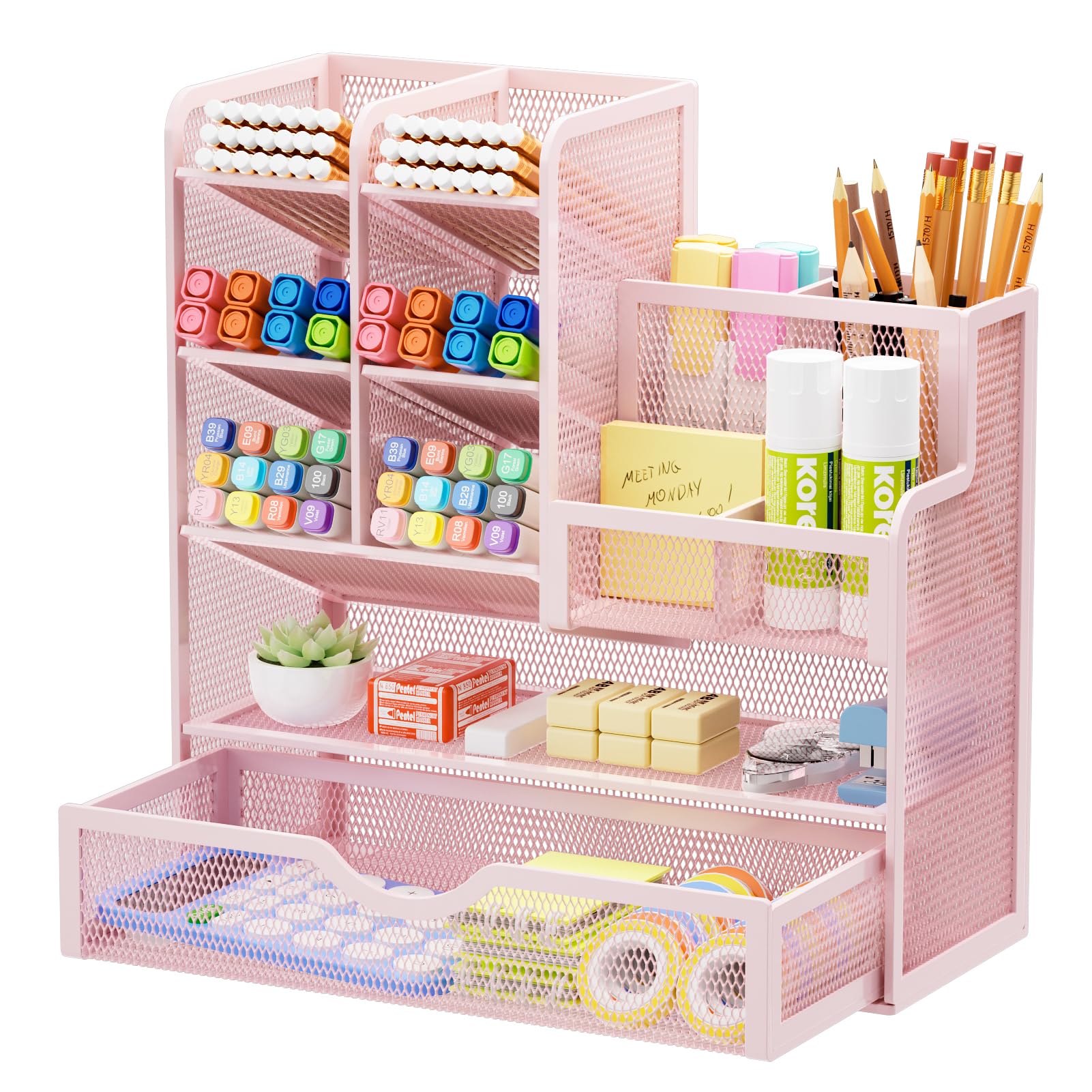Marbrasse Mesh Desk Organiser,Stationary Organiser,Multifunctional Pen Holder,Desktop Storage and Drawer for Home Office(Pink)