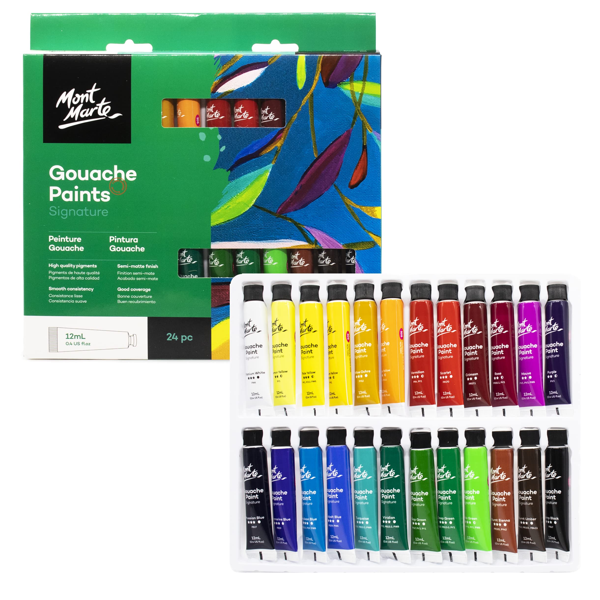 MONT MARTE Gouache Set - 24 pcs x 12 ml tubes - Ideal for gouache painting - Brilliant, lightfast Gouache colours with great Opacity