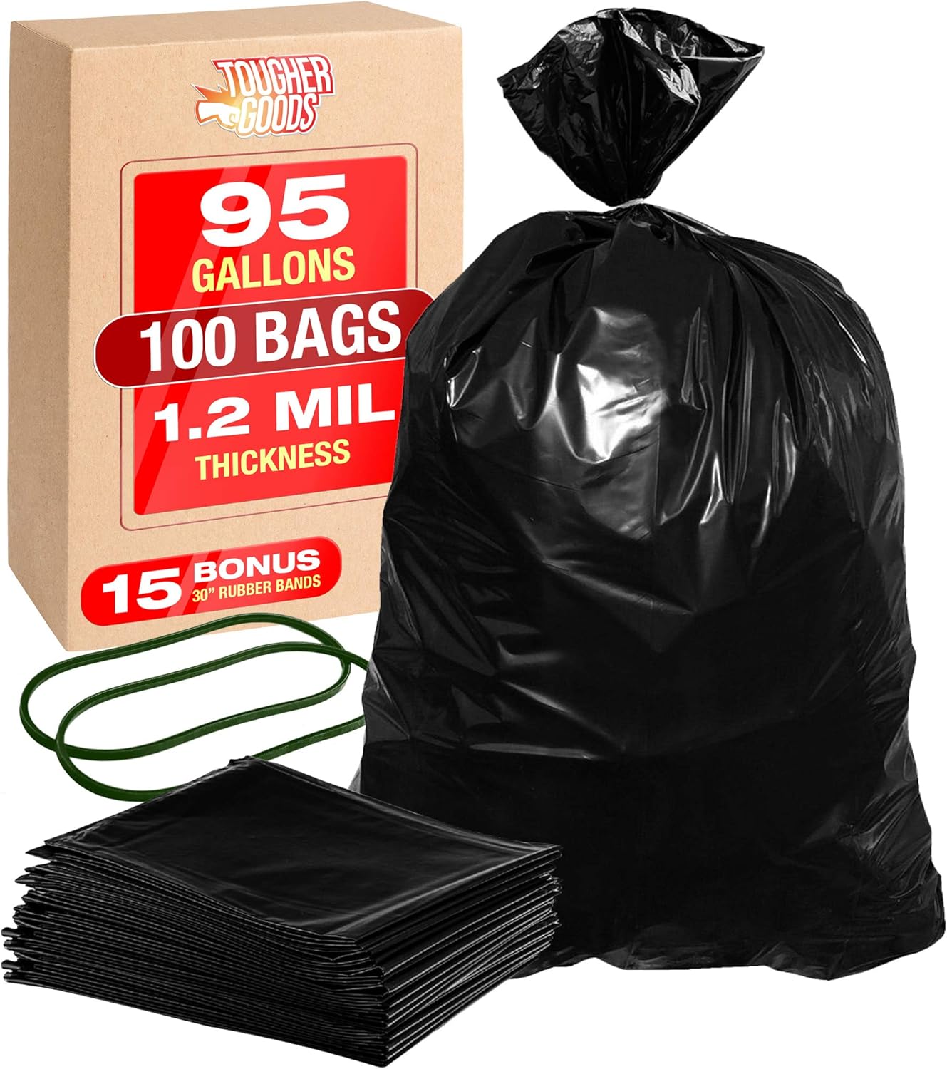 100Pk Heavy Duty Black Trash Bags – 95 Gallon Garbage Can Liner for Garbage, Storage, Yard Waste, Construction and Commercial Use - 1.2 Mil Thick 61 x 68 with 30” Rubber Bands by Tougher Goods