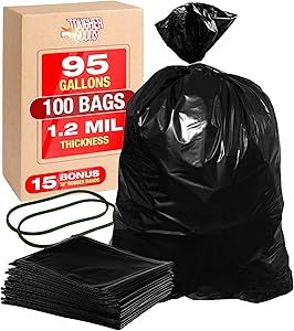 100Pk Heavy Duty Black Trash Bags – 95 Gallon Garbage Can Liner for Garbage, Storage, Yard Waste, Construction and Commercial Use - 1.2 Mil Thick 61 x 68 with 30” Rubber Bands by Tougher Goods