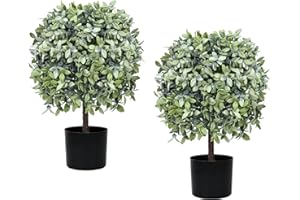 UNADRA Topiary Trees Artificial Outdoor for Front Porch Set of 2 Faux Shrub Plants (23" T,13" D) - Fake Boxwood Ball Shrubs Potted for Home Decor (2 Color-Mix)