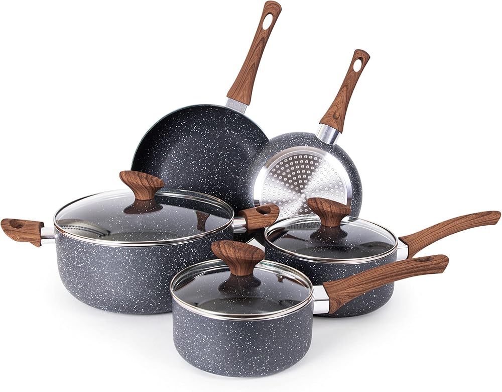 Nuovva Non Stick Pots and Pans Set Induction 8pc Marble Coating with Lids
