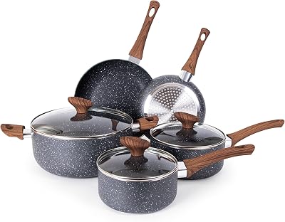 Nuovva Non Stick Pots and Pans Set Induction 8pc Marble Coating with Lids