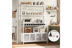 HITHOS 67" Buffet Cabinet with Built-in Power Outlet, Industrial Hutch with Storage Cabinets, Kitchen Pantry with Wide Tabletop, Coffee Bar with Wine Rack & Goblet Holder for Dining Room, White