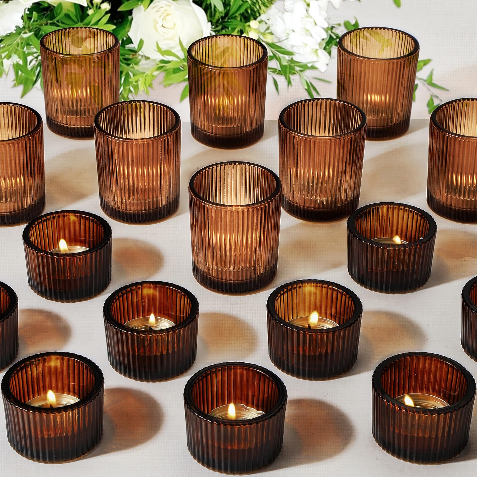 Photo 1 of 20pcs Assorted Votive Candle Holders for Tea Light Candles, Amber Glass Tea Light Candle Holders Set, Decorative Ribbed Tealight Holder for Wedding Table Decor, Dining Room, Valentine's Day, Birthday