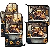 Highland Cow Sunflower Oven Mitts and Pot Holders Sets Heat Resistant 4Pcs Potholders Oven Gloves Hot Pads for Kitchen Baking Cooking Grilling BBQ