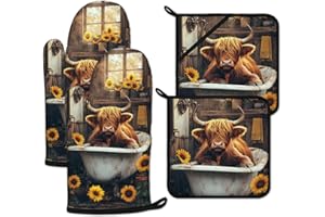 Highland Cow Sunflower Oven Mitts and Pot Holders Sets Heat Resistant 4Pcs Potholders Oven Gloves Hot Pads for Kitchen Baking